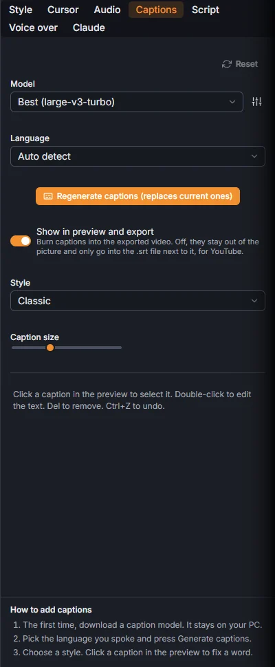 The Captions tab