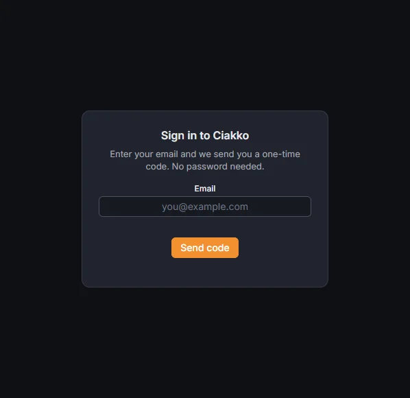 Sign in to Ciakko: your email, then Send code