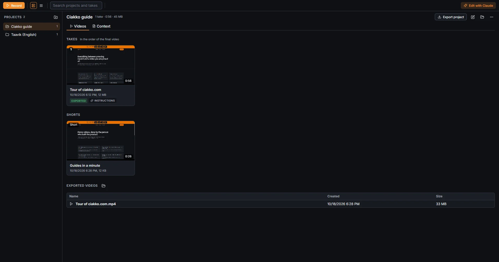 The Library: projects on the left, the takes, Shorts and exported videos of the chosen project