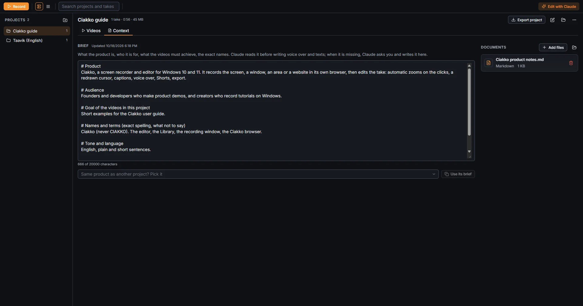 The Context tab: the brief and the documents