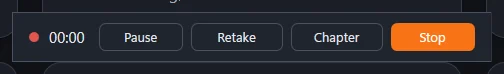 The recording bar: time, Pause, Retake, Chapter, Stop