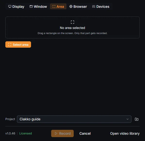 The Area tab: Select area