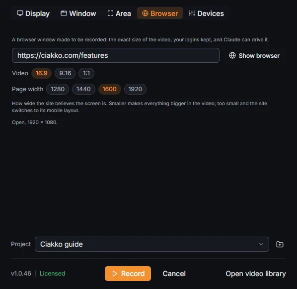 The Browser tab: address, video format and page width
