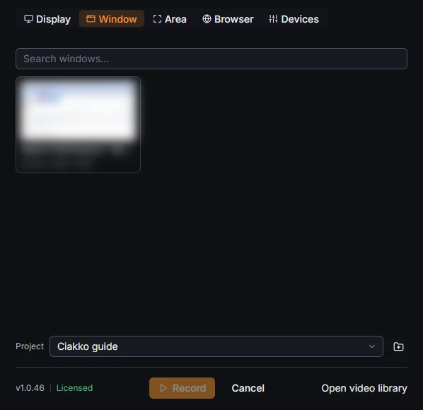 The Window tab: search and the windows you can record