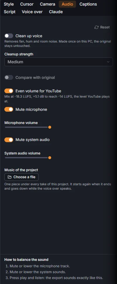 The Audio tab of a take with a microphone
