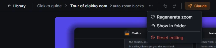 Project actions: Regenerate zoom, Show in folder, Reset editing