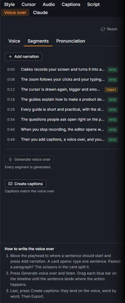 The Segments tab: every line with its time and fit