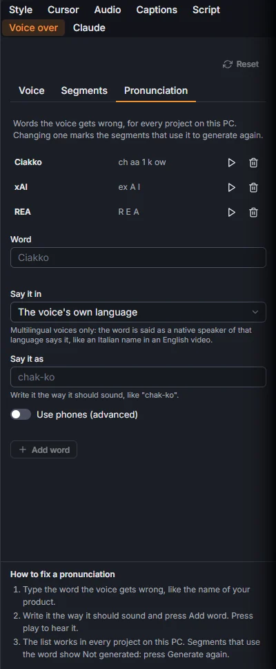 The Pronunciation tab