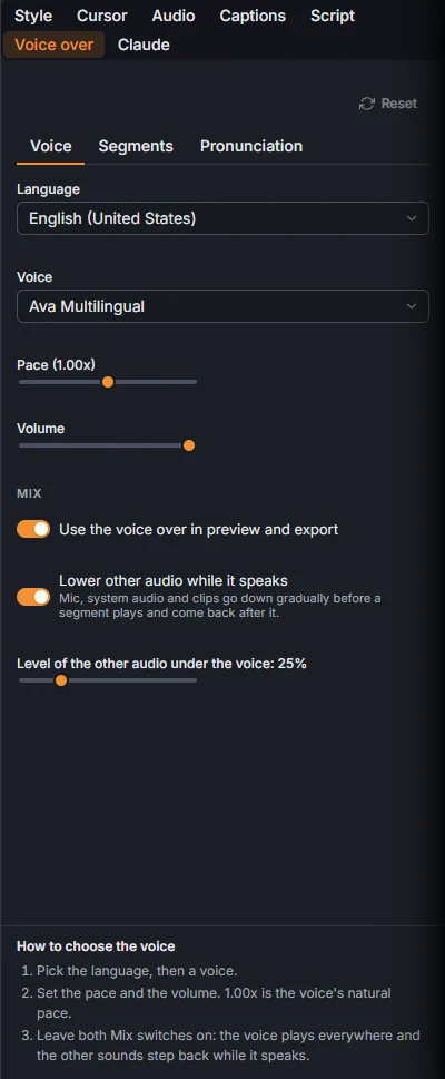 The Voice tab: language, voice, pace, volume, mix