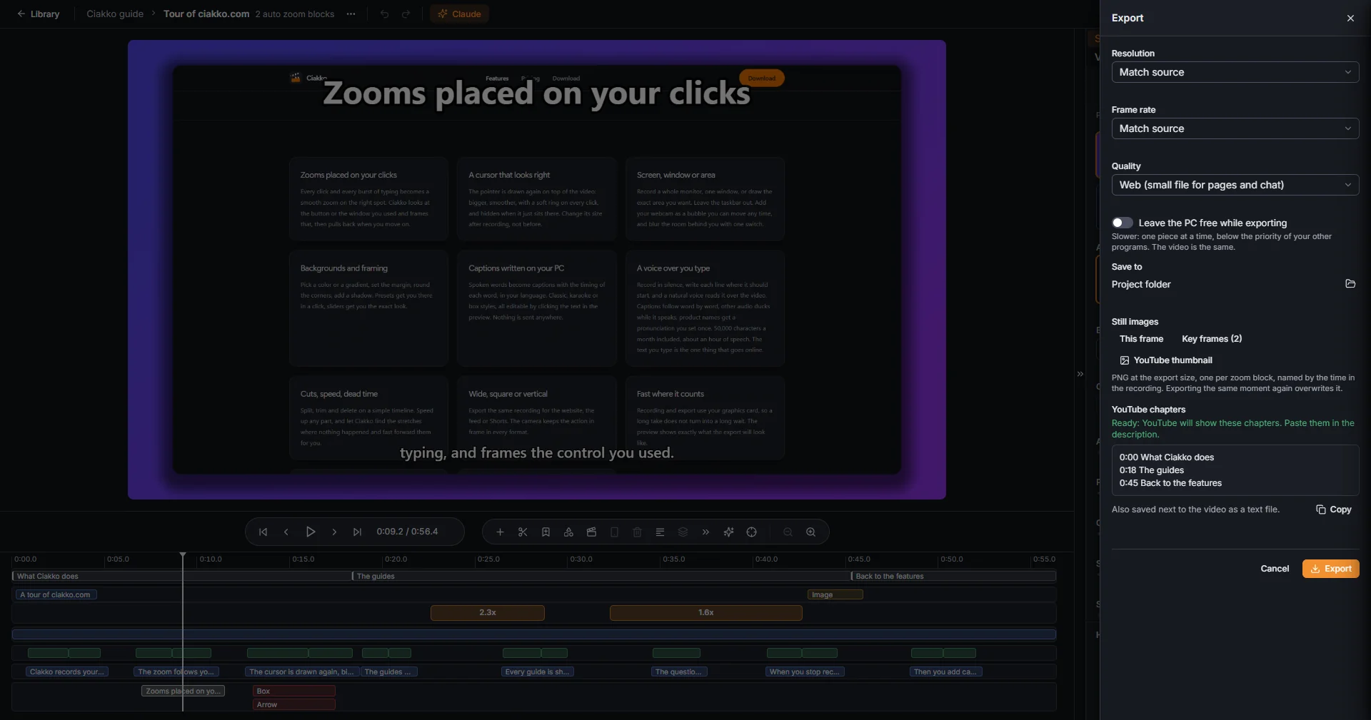 The export panel: resolution, frame rate, quality, folder