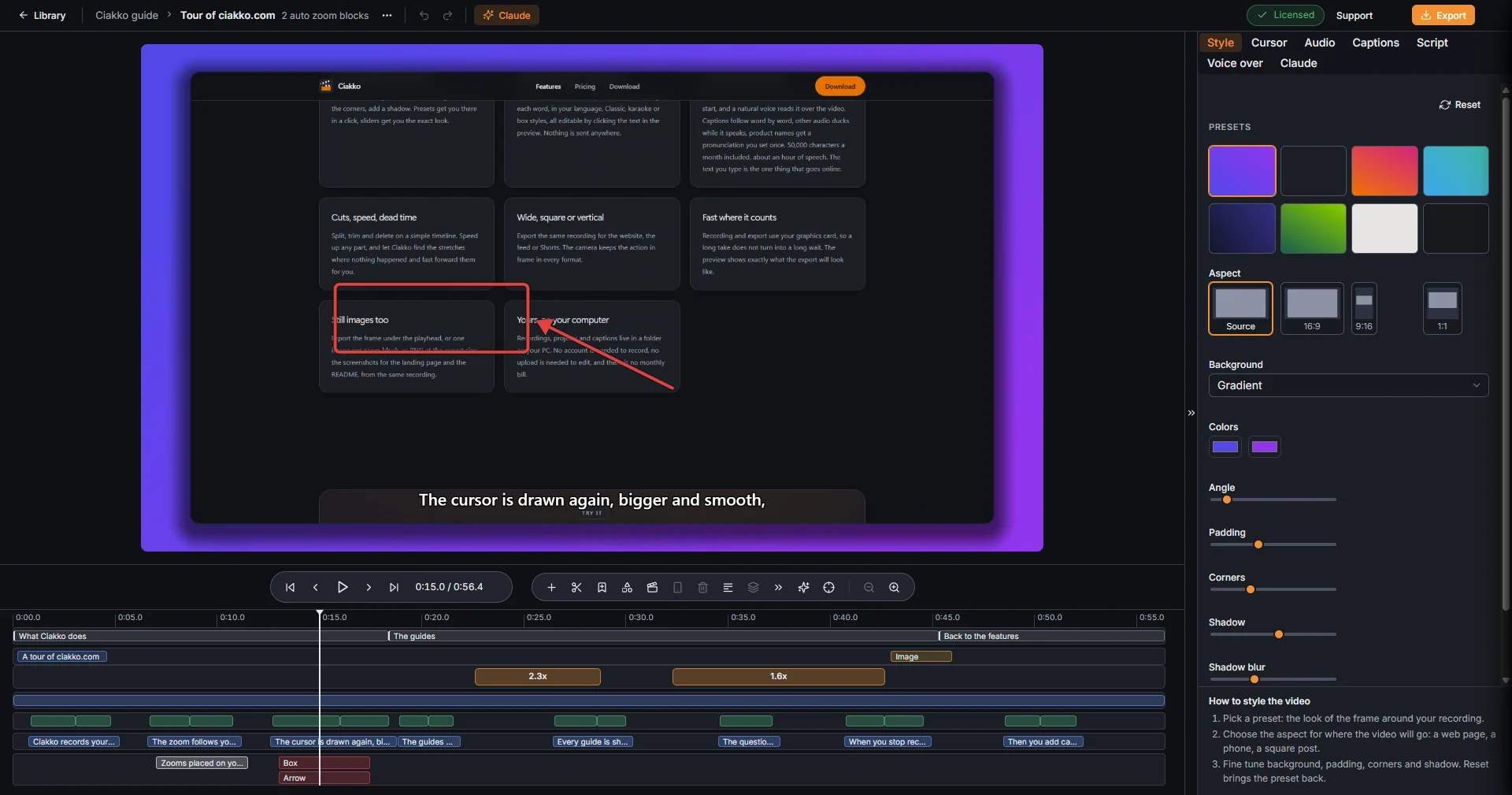 The editor: preview at the top, timeline below, settings on the right