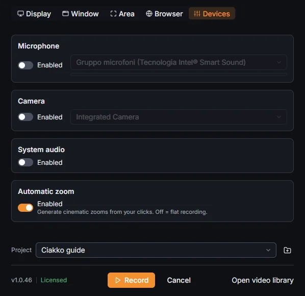 The Devices tab: microphone, camera, system audio, automatic zoom