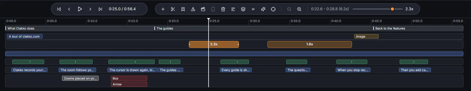 A zoom block selected: its time and level in the toolbar