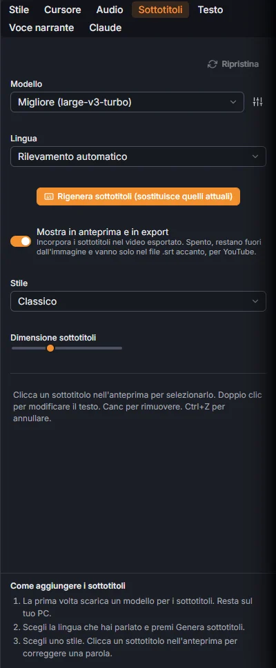 La scheda Sottotitoli