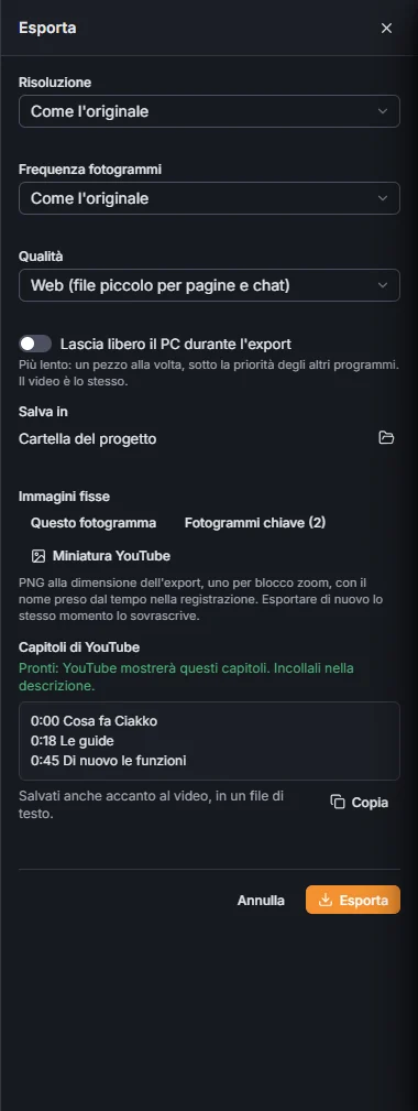 Il pannello di export