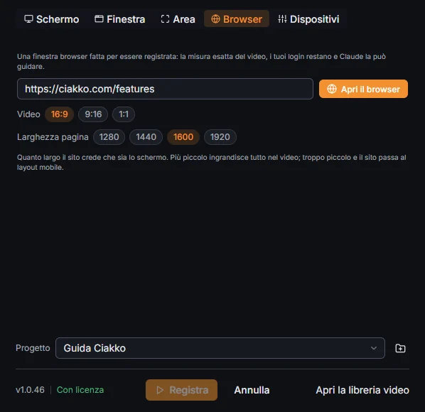 La scheda Browser: indirizzo, formato del video e larghezza della pagina