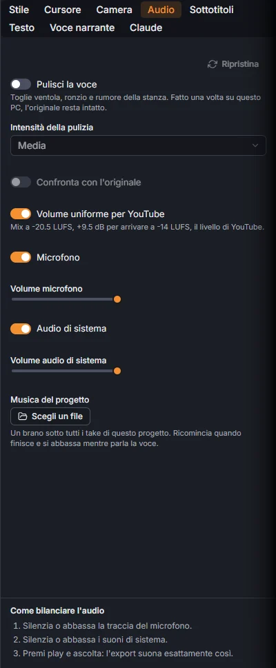La scheda Audio di un take con il microfono