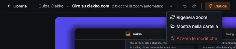Azioni sul progetto: Rigenera zoom, Mostra nella cartella, Azzera le modifiche