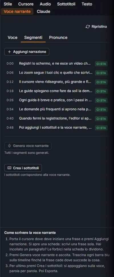 La scheda Segmenti: ogni segmento con il suo tempo e se ci sta