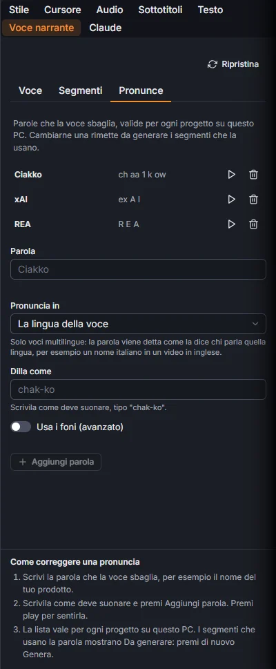 La scheda Pronunce