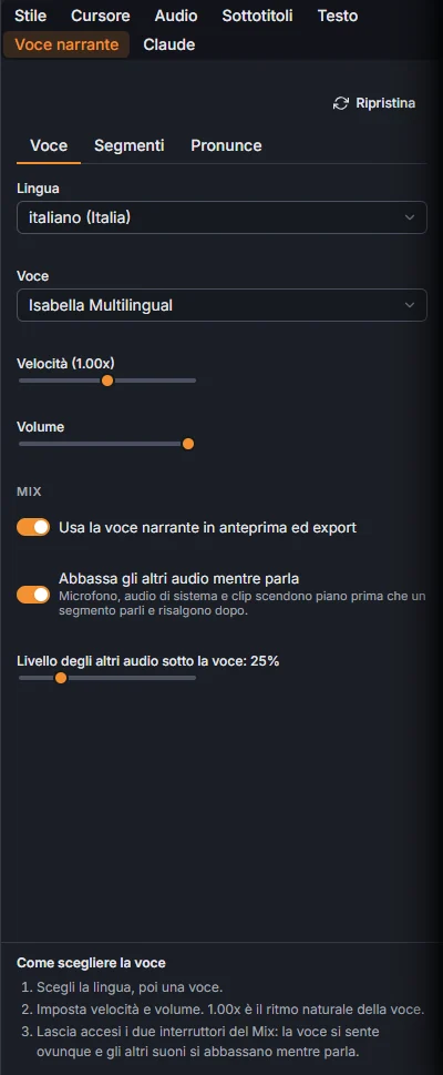 La scheda Voce: lingua, voce, velocità, volume, mix
