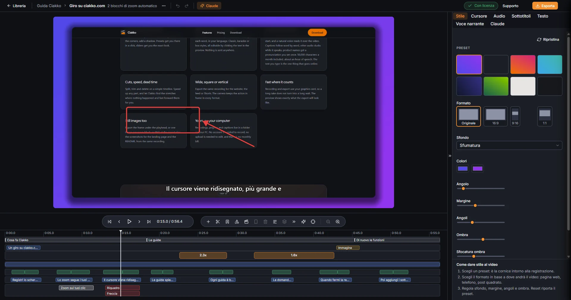 L'editor: anteprima in alto, timeline sotto, impostazioni a destra