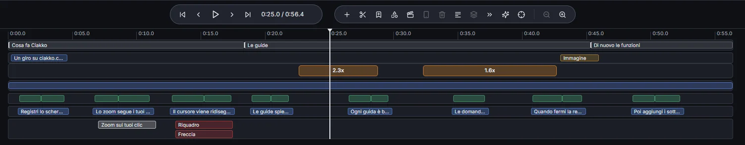 La timeline: capitoli, scene, blocchi di zoom, clip, sottotitoli, voce narrante